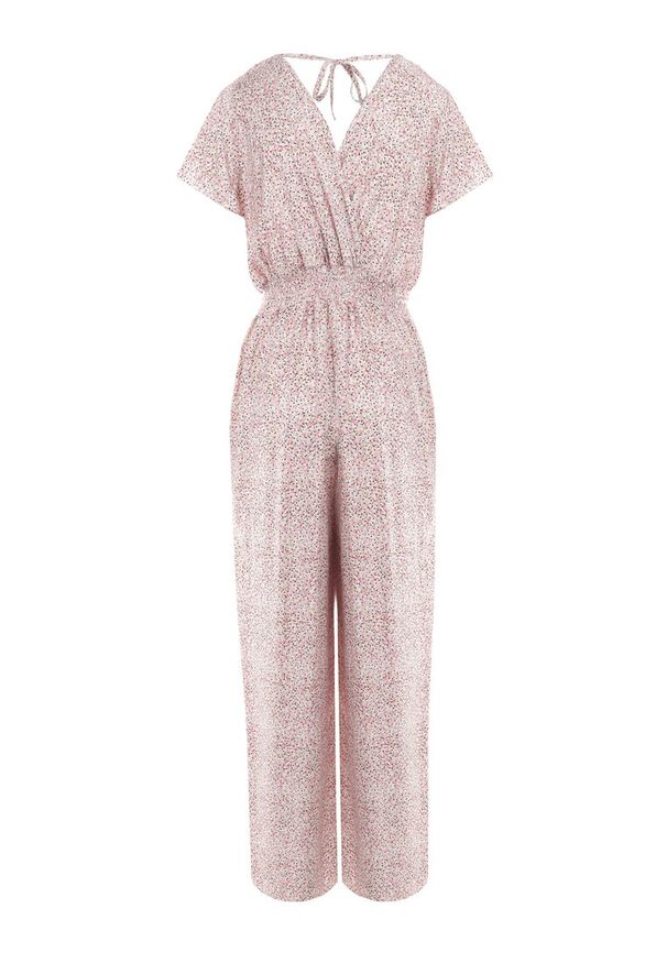 Born2be - Różowo-Biały Kombinezon z Wiskozy Ariamaya. Okazja: na co dzień. Kolor: różowy. Materiał: wiskoza. Długość rękawa: krótki rękaw. Długość: krótkie. Wzór: kwiaty, aplikacja. Sezon: lato. Styl: casual