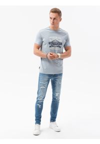 Ombre Clothing - T-shirt męski z nadrukiem S1434 V-20A - niebieski - XXL. Kolor: niebieski. Materiał: bawełna. Wzór: nadruk. Styl: klasyczny