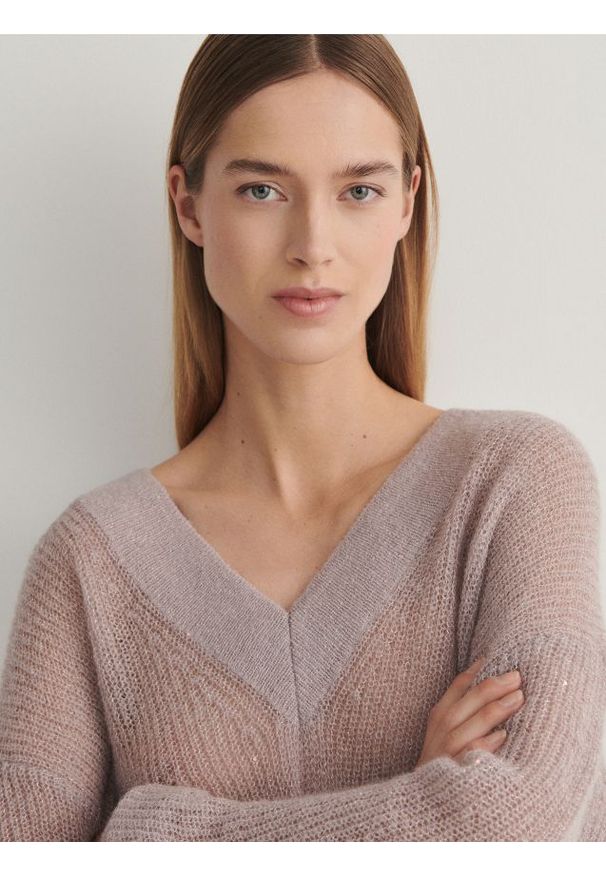 Reserved - Sweter oversize z wełną - lawendowy. Kolor: fioletowy. Materiał: wełna. Wzór: gładki