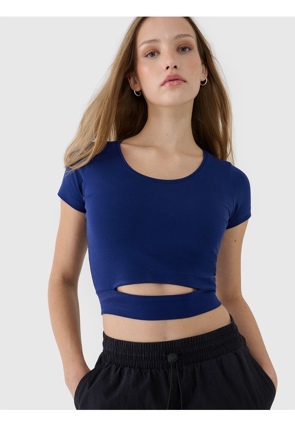 4f - 4F T-shirt crop top gładki damski - granatowy S. Okazja: na co dzień. Kolor: niebieski. Materiał: dzianina, bawełna, jersey, materiał, elastan. Długość rękawa: krótki rękaw. Długość: krótkie. Wzór: gładki. Styl: sportowy, casual