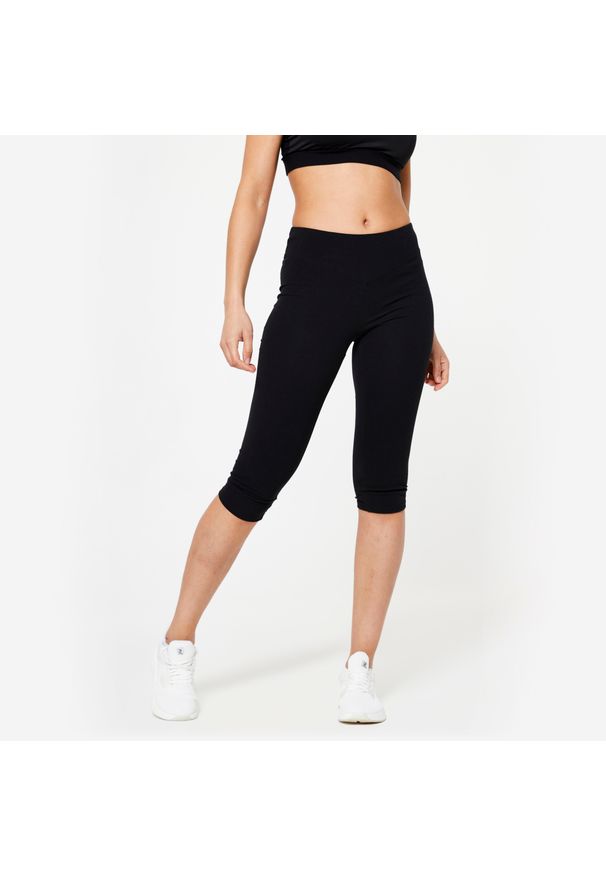 DOMYOS - Krótkie legginsy fitness damskie Domyos slim. Kolor: czarny. Materiał: materiał, elastan, poliester, bawełna. Długość: krótkie. Sport: fitness