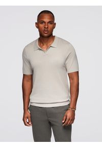 Ombre Clothing - Męska koszulka polo bez guzików z klasycznym splotem – jasnobeżowa V3 - Rozmiar: S. Typ kołnierza: polo. Kolor: beżowy. Materiał: wiskoza, dzianina, materiał, elastan, nylon. Wzór: ze splotem. Styl: klasyczny #5