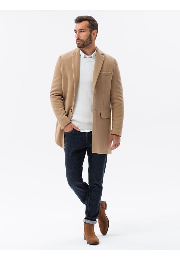 Ombre Clothing - Płaszcz męski klasyczny jednorzędowy - piaskowy V2 - Rozmiar: XXL. Kolor: żółty. Materiał: poliester. Sezon: wiosna. Styl: klasyczny