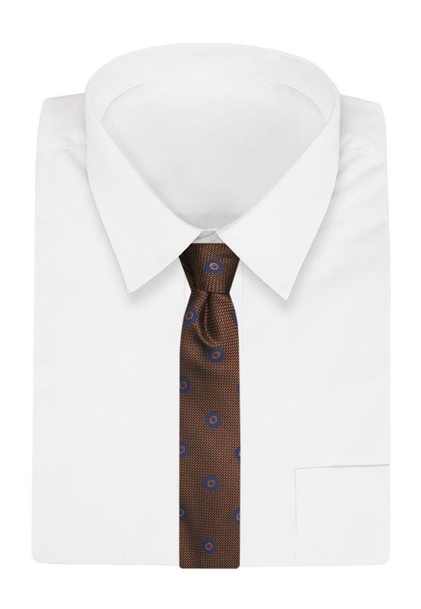 Karmelowy Męski Krawat -Chattier- 8 cm, Klasyczny, Elegancki, w Niebieskie Kwiatki. Kolor: niebieski, beżowy, brązowy, wielokolorowy. Materiał: tkanina. Wzór: kwiaty. Styl: klasyczny, elegancki