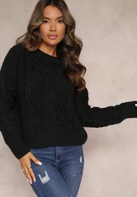 Renee - Czarny Grubo Pleciony Sweter z Wełną i Bawełną Bavime. Kolor: czarny. Materiał: wełna, bawełna. Sezon: zima