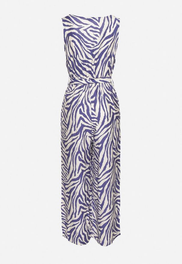 Born2be - Niebieski Kombinezon z Dodatkiem Wiskozy Wykończony Paskiem i Gumką w Talii Corivia. Okazja: na co dzień. Kolor: niebieski. Materiał: wiskoza. Styl: elegancki, casual