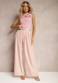 Renee - Różowe Spodnie Palazzo High Waist z Szerokimi Nogawkami i Paskiem z Metalową Klamrą Oinna. Okazja: na co dzień, do pracy. Stan: podwyższony. Kolor: różowy. Styl: klasyczny, elegancki, casual #5