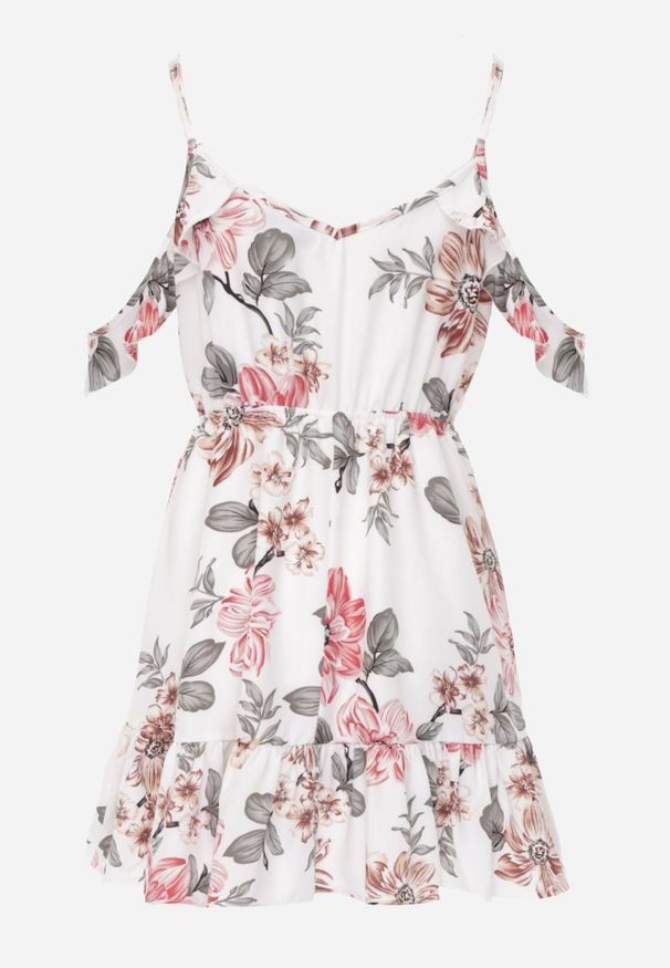 Renee - Biała Rozkloszowana Sukienka w Kwiaty z Falbanami Nonare. Typ kołnierza: kołnierz z falbankami, dekolt kopertowy. Kolor: biały. Długość rękawa: na ramiączkach. Wzór: kwiaty. Typ sukienki: kopertowe. Długość: mini