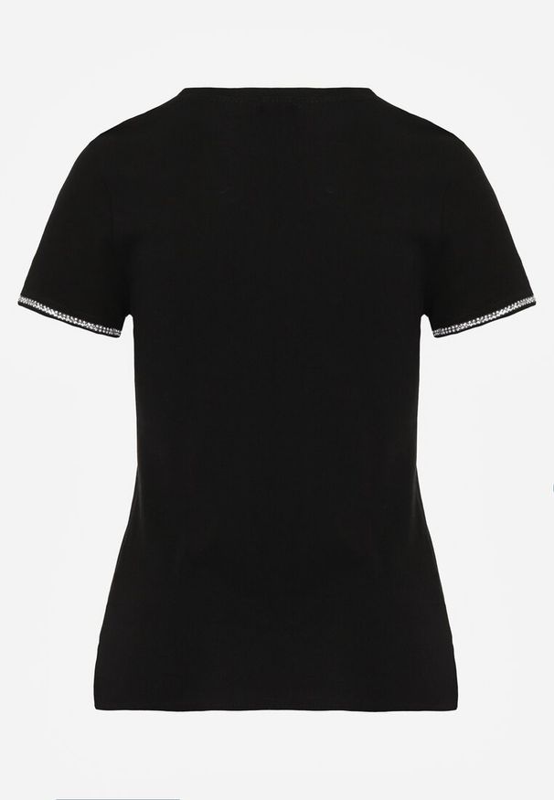 Born2be - Czarny Bawełniany T-shirt z Cyrkoniami przy Rękawach Pronolea. Okazja: na co dzień. Kolor: czarny. Materiał: bawełna. Wzór: aplikacja. Styl: klasyczny, casual