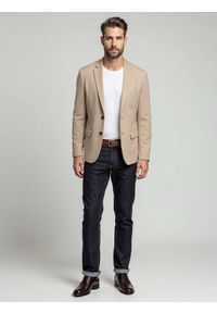 Ombre Clothing - Elegancka męska marynarka SLIM FIT z rayonem – beżowa V2 - Rozmiar: L. Kolor: beżowy. Materiał: tkanina, poliester, materiał. Wzór: ze splotem. Styl: elegancki