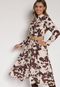 Born2be - Brązowa Koszulowa Sukienka z Wiskozą w Krowie Łaty z Paskiem Domumbria. Kolor: brązowy. Materiał: wiskoza. Typ sukienki: koszulowe #7
