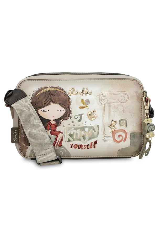 Torebka damska Anekke, mała z regulowanym paskiem na ramię i zapięciem na suwak, beżowa, 42703-447. Kolor: szary. Wzór: aplikacja. Materiał: zdobione. Styl: casual. Rodzaj torebki: na ramię