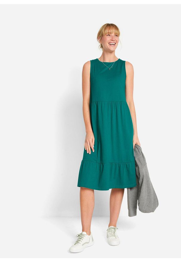 bonprix - Sukienka z dżerseju z czystej bawełny. Kolor: niebieski. Materiał: jersey, bawełna. Długość rękawa: na ramiączkach. Styl: elegancki