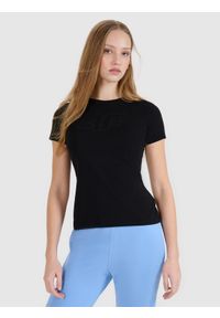 4f - 4F T-shirt slim z nadrukiem damski - czarny M. Okazja: na co dzień. Kolor: czarny. Materiał: jersey, dzianina, materiał, elastan, bawełna. Wzór: nadruk. Styl: casual, klasyczny, sportowy #1