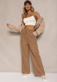 Renee - Ciemnobeżowe Spodnie o Szerokim Kroju High Waist z Wiązaniem w Pasie Ettianne. Okazja: na co dzień. Stan: podwyższony. Kolor: beżowy. Styl: elegancki, casual