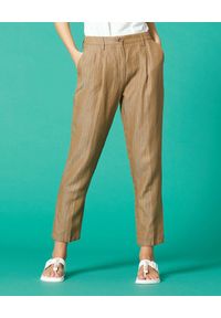 Manila Grace - MANILA GRACE - Brązowe spodnie w prążki. Kolor: brązowy. Materiał: materiał. Długość: długie. Wzór: prążki #1