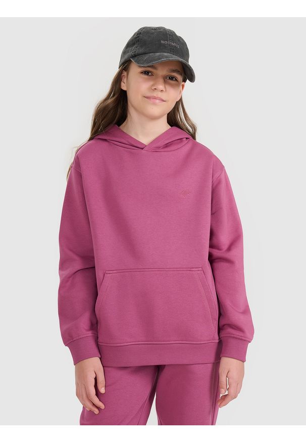 4f - 4F Bluza dresowa nierozpinana z kapturem dziewczęca - fioletowa 146 (10-11 lat). Okazja: na co dzień. Typ kołnierza: kaptur. Kolor: fioletowy. Materiał: dresówka. Wzór: ze splotem, gładki. Sezon: lato. Styl: sportowy, casual