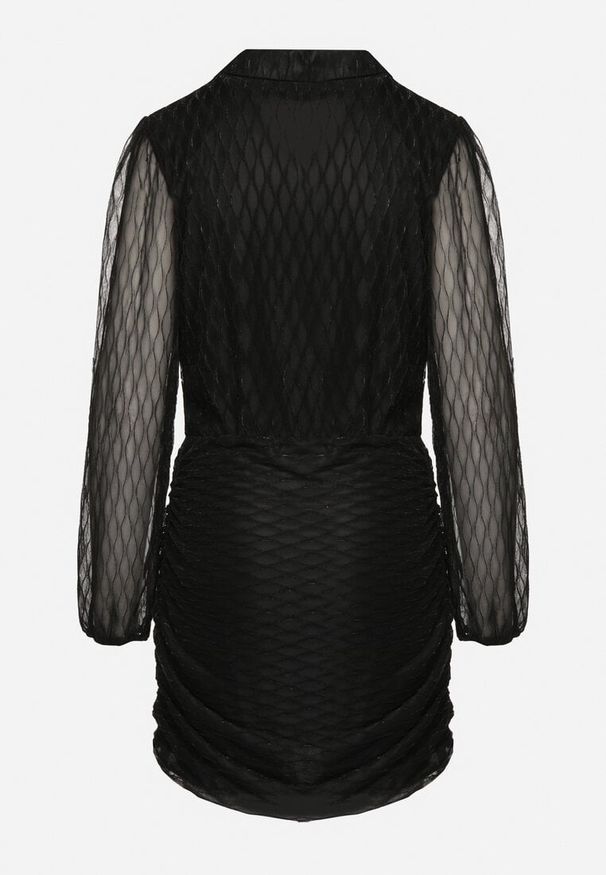 Born2be - Czarna Sukienka z Przezroczystą Koszulową Górą Dopasowanym Dołem i Metaliczną Nicią Sassini. Okazja: na randkę. Kolor: czarny. Typ sukienki: koszulowe. Styl: klasyczny, elegancki