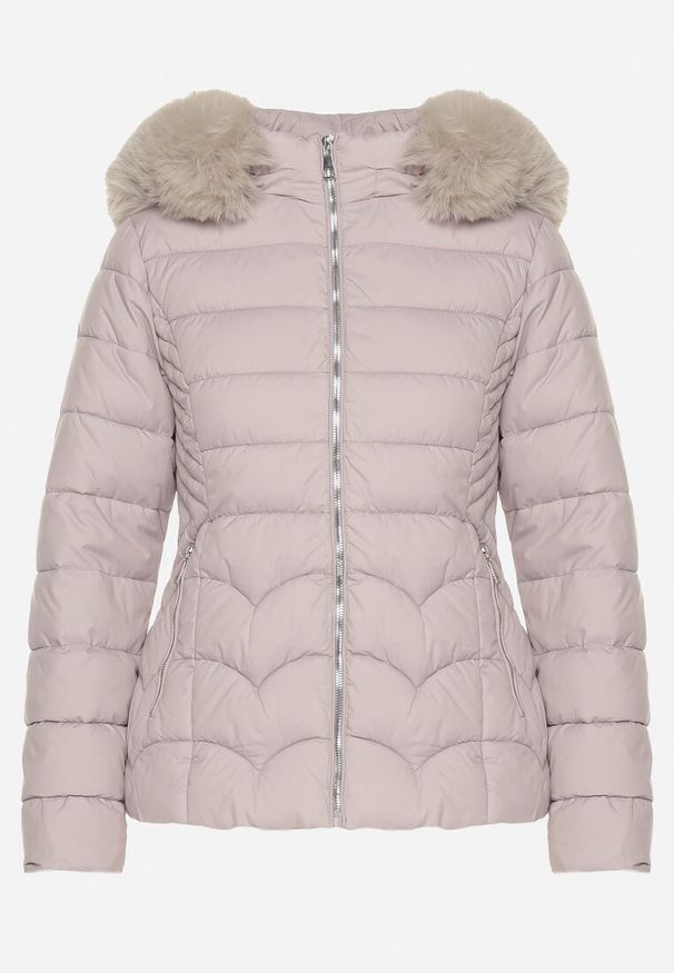 Born2be - Jasnoszara Pikowana Kurtka z Odpinanym Kapturem i Futrzaną Podszewką Reandira. Okazja: na co dzień, na spacer. Kolor: szary. Materiał: futro. Styl: elegancki, casual