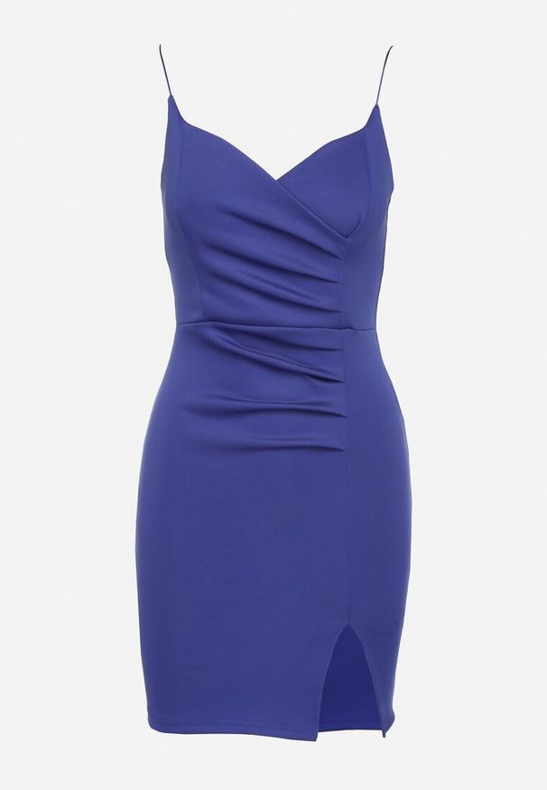 Born2be - Niebieska Dopasowana Sukienka z Rozcięciem na Nogę Lunitena. Kolor: niebieski. Materiał: materiał. Typ sukienki: dopasowane. Styl: elegancki, klasyczny