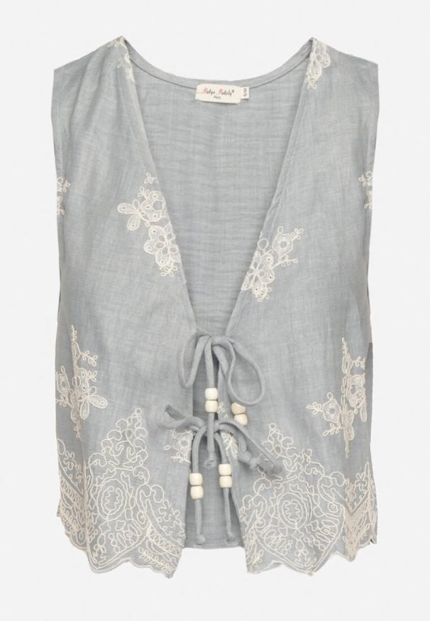 Born2be - Niebieska Kamizelka w Stylu Boho z Haftem i Wiązaniem z Koralikami Olreis. Okazja: na co dzień. Kolor: niebieski. Materiał: koronka, jeans. Wzór: haft. Sezon: lato, wiosna. Styl: boho
