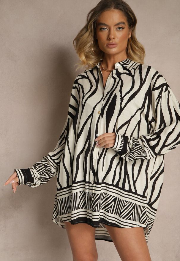 Renee - Beżowo-Czarna Koszula z Wiskozy z Lnem w Geometryczny Wzór Sepilora. Okazja: na spotkanie biznesowe, na imprezę, na co dzień. Typ kołnierza: kołnierzyk klasyczny. Kolor: beżowy. Materiał: wiskoza, len. Wzór: geometria. Styl: elegancki, casual, klasyczny, biznesowy