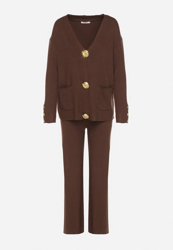 Born2be - Brązowy Komplet Dzianinowy z Wiskozą Kardigan i Szerokie Spodnie Badire. Kolor: brązowy. Materiał: dzianina, wiskoza. Wzór: aplikacja