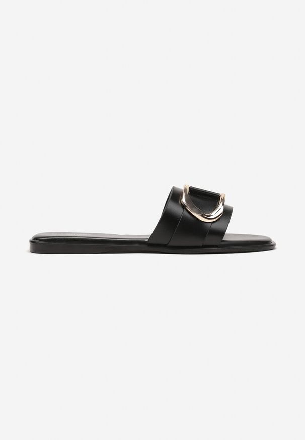 Born2be - Czarne Klasyczne Płaskie Klapki z Metalową Klamrą Lemoria. Okazja: na co dzień. Kolor: czarny. Materiał: jeans. Wzór: aplikacja. Styl: klasyczny