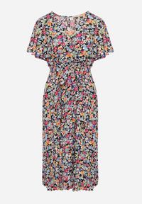 Born2be - Czarna Rozkloszowana Sukienka w Kwiaty z Kopertowym Dekoltem Plisowana Lanasira. Kolor: czarny. Wzór: kwiaty. Typ sukienki: kopertowe #7