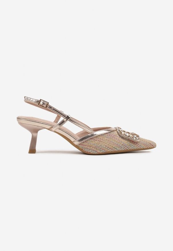 Renee - Szampańskie Sandały na Szpilce Slingback Ozdobione Cyrkoniami Fonaviel. Okazja: na spotkanie biznesowe. Nosek buta: szpiczasty. Kolor: złoty. Wzór: aplikacja. Obcas: na szpilce. Styl: biznesowy, wizytowy, elegancki