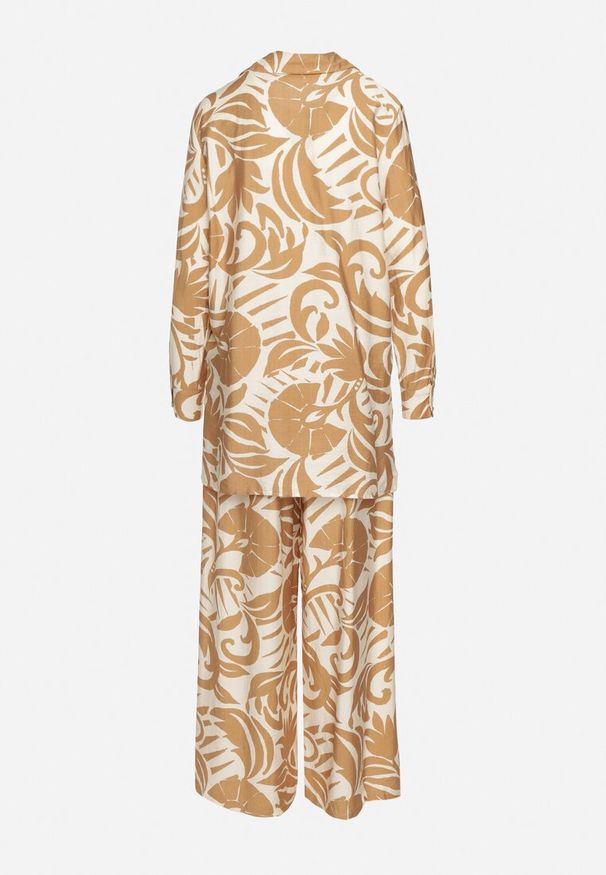 Born2be - Beżowy Wiskozowy Komplet Koszula z Długim Rękawem i Szerokie Spodnie Xiseria. Kolor: beżowy. Materiał: wiskoza