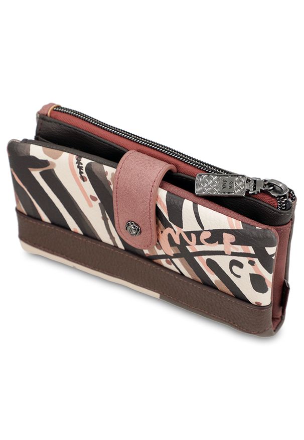 Portfel damski Anekke, duży we wzorki z miejscem na zdjęcia na karty i na bilon, brązowy, 41809-907. Kolor: brązowy. Materiał: materiał. Wzór: haft, aplikacja