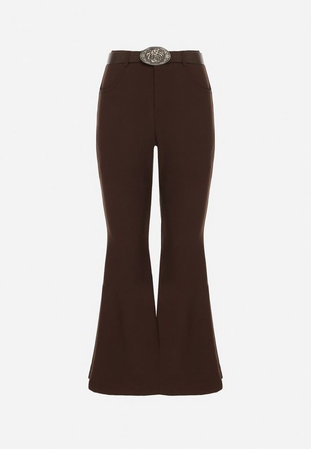 Born2be - Brązowe Spodnie Dzwony z Bawełny i Wiskozy z Kowbojskim Paskiem Tushella. Kolor: brązowy. Materiał: bawełna, wiskoza. Styl: klasyczny, elegancki