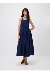 Reserved - Sukienka z ozdobnym wiązaniem - granatowy. Kolor: niebieski. Materiał: bawełna, tkanina #1