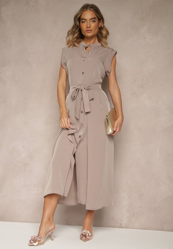 Renee - Brązowa Sukienka z Paskiem Koszulowa o Rozkloszowanym Fasonie Mavoselle. Okazja: na co dzień. Kolor: brązowy. Materiał: jeans. Typ sukienki: koszulowe. Styl: elegancki, casual