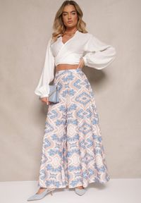 Renee - Białe Szerokie Spodnie z Wiskozy High Waist w Geometryczny Wzór Firdexia. Stan: podwyższony. Kolor: biały. Materiał: wiskoza. Wzór: geometria. Sezon: lato. Styl: elegancki #5