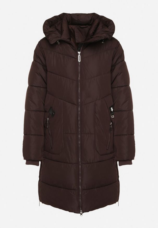 Born2be - Brązowa Kurtka Pikowana z Kapturem i Suwakami po Bokach Lindrie. Okazja: na spacer, na co dzień. Typ kołnierza: kaptur. Kolor: brązowy. Materiał: poliester, jeans, dzianina. Długość: długie. Styl: casual