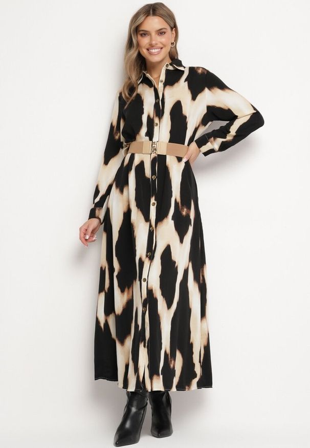 Born2be - Beżowo-Czarna Panterkowa Sukienka w Koszulowym Stylu z Elastycznym Paskiem Tinellea. Okazja: do pracy. Typ kołnierza: dekolt w serek. Kolor: beżowy. Materiał: skóra. Typ sukienki: koszulowe. Styl: elegancki