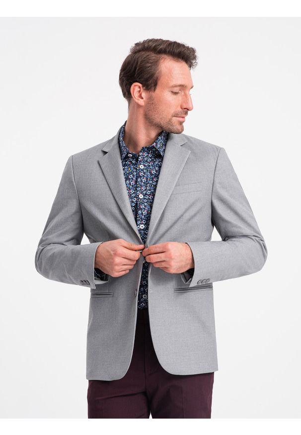 Ombre Clothing - Klasyczna marynarka męska z kieszenią na poszetkę - szara V1 OM-BLZB-0115 - XXL. Kolor: szary. Materiał: poliester. Styl: klasyczny