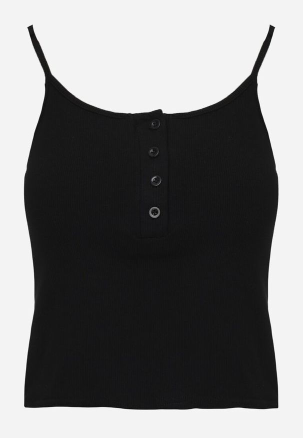 Renee - Czarny Prążkowany Top na Ramiączkach z Bawełny z Guzikami Bernesa. Okazja: na co dzień. Kolor: czarny. Materiał: prążkowany, bawełna. Długość rękawa: na ramiączkach. Styl: casual