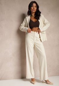 Renee - Beżowe Spodnie z Bawełną o Szerokim Kroju High Waist Feneliona. Okazja: na co dzień. Stan: podwyższony. Kolor: beżowy. Materiał: bawełna. Styl: casual #4