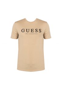Guess T-Shirt "Leo" | X2BI14KBR42 | Mężczyzna | Beżowy. Okazja: na co dzień. Kolor: beżowy. Materiał: poliester, bawełna. Wzór: nadruk. Styl: casual, elegancki