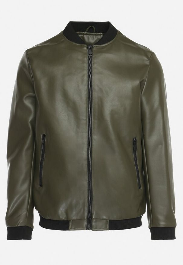 Born2be - Ciemnozielona Kurtka Bomberka z Imitacji Skóry i Zasuwanymi Kieszeniami Rihella. Kolor: zielony. Materiał: skóra. Styl: elegancki, klasyczny