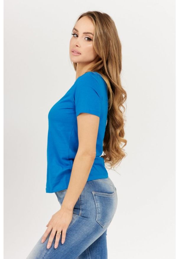 Guess - GUESS Niebieski t-shirt damski z dużym trójkątnym logo, Rozmiar S. Kolor: niebieski. Materiał: bawełna. Wzór: nadruk