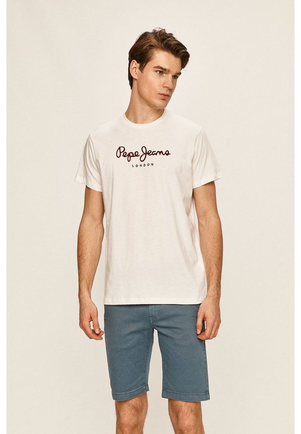Pepe Jeans - T-shirt Eggo. Kolor: biały. Materiał: dzianina. Wzór: nadruk