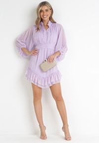 Born2be - Fioletowa Taliowana Sukienka Mini z Rękawami 3/4 i Falbanką Serafilla. Kolor: fioletowy. Materiał: tkanina. Sezon: wiosna, lato. Długość: mini #5