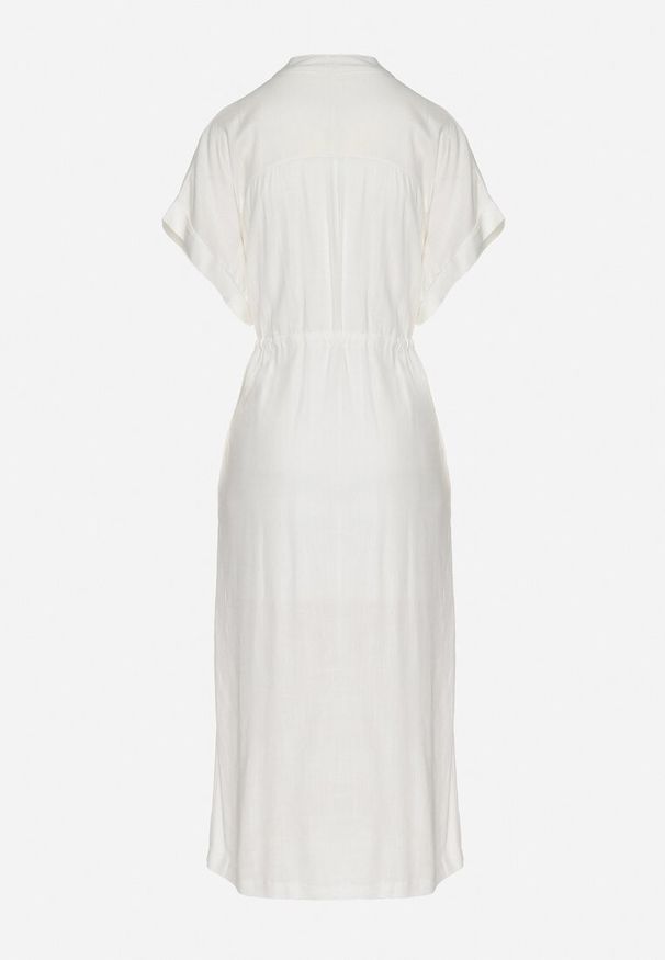 Born2be - Biała Bawełniana Sukienka z Koszulową Górą i Ściągaczem w Talii Vikleta. Okazja: na co dzień. Typ kołnierza: dekolt w kształcie V. Kolor: biały. Materiał: bawełna. Typ sukienki: koszulowe. Styl: casual, klasyczny