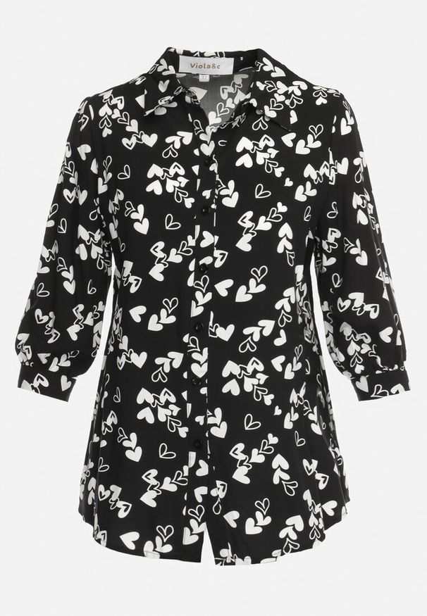 Born2be - Czarna Koszula z Wiskozy w Serduszka Ornela. Kolor: czarny. Materiał: wiskoza. Wzór: aplikacja