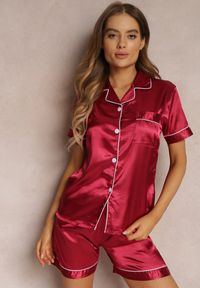 Renee - Bordowy Komplet Piżamowy Irobe. Kolor: czerwony. Materiał: satyna. Długość: krótkie. Wzór: jednolity, gładki, aplikacja #7
