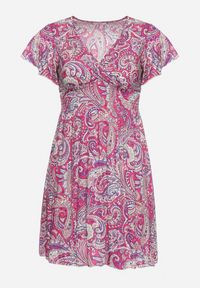 Born2be - Fuksjowa Wiskozowa Sukienka Rozkloszowana z Kopertowym Dekoltem i Gumką w Pasie Fasemia. Okazja: na randkę, na co dzień. Typ kołnierza: dekolt w serek. Kolor: różowy. Materiał: wiskoza. Wzór: paisley. Sezon: lato. Typ sukienki: kopertowe. Styl: casual #6